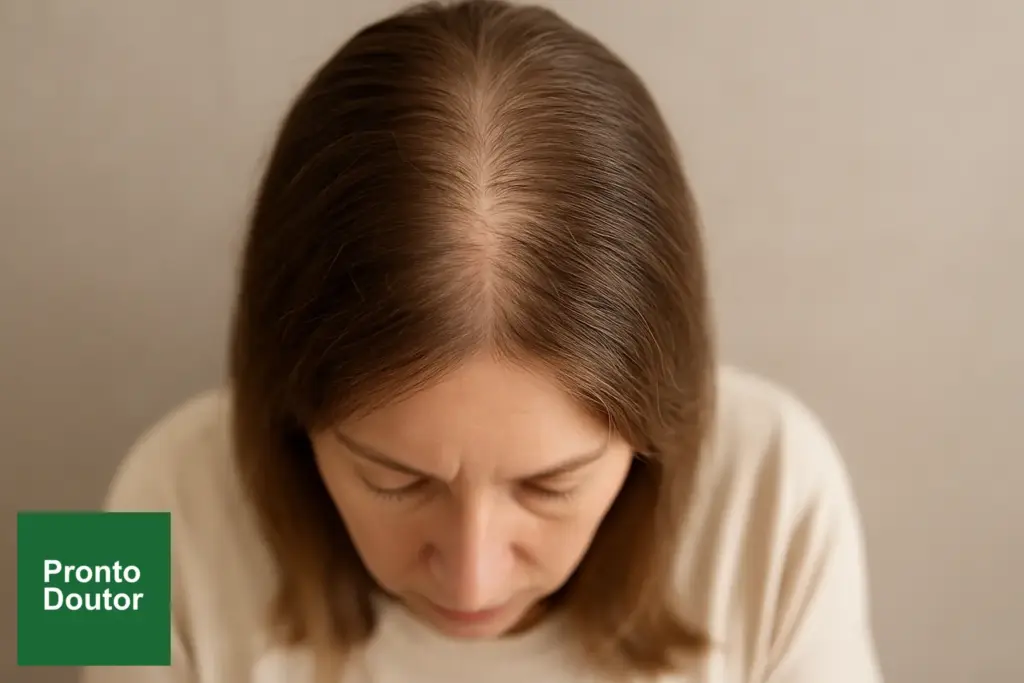 Detalhe da risca central do cabelo feminino com couro cabeludo discretamente visível.