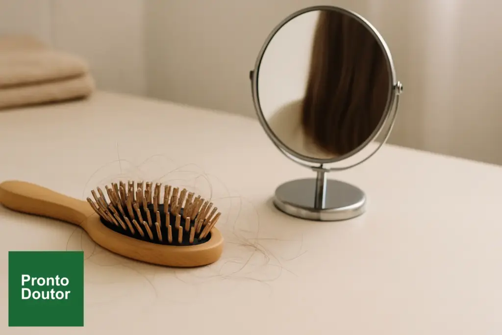Escova com fios de cabelo sobre uma bancada ao lado de um espelho.